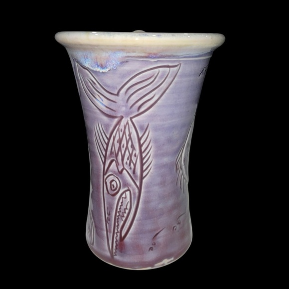 Handmade Purple Pottery Mug with Fish Carving Unique – Signed – 6” Tall 20oz - Picture 5 of 12